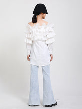 Women Pleated Off Shoulder Long Sleeve Shirt